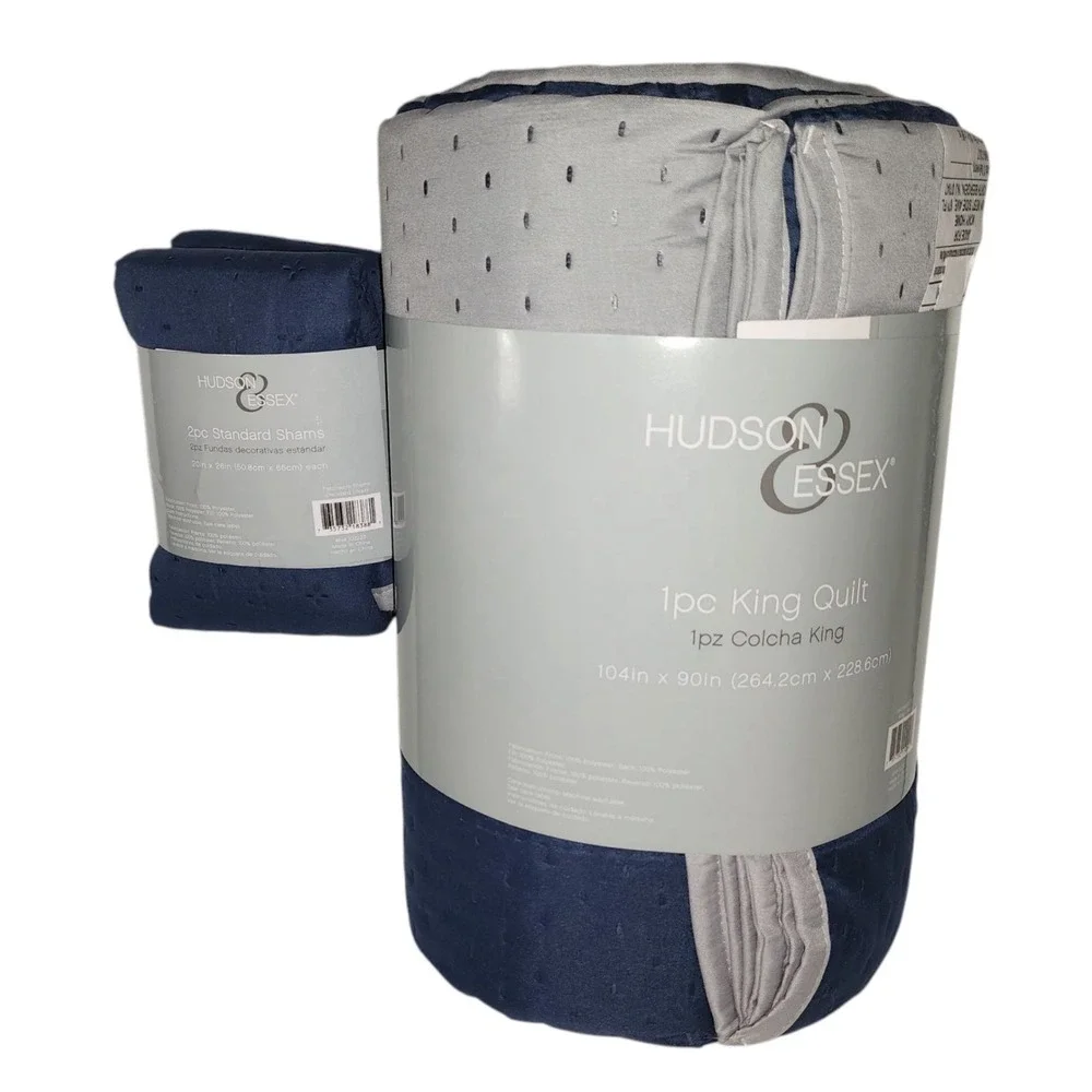 Hudson Essex 3pc Navy Gray Reversible One King Size Quilt And 2 Standard Shams